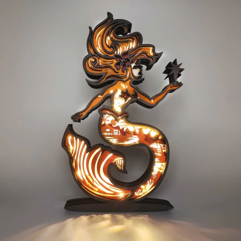 Mermaid Wooden Statues, for Home Desktop Decor Room Wall Decor, LED Night Light
